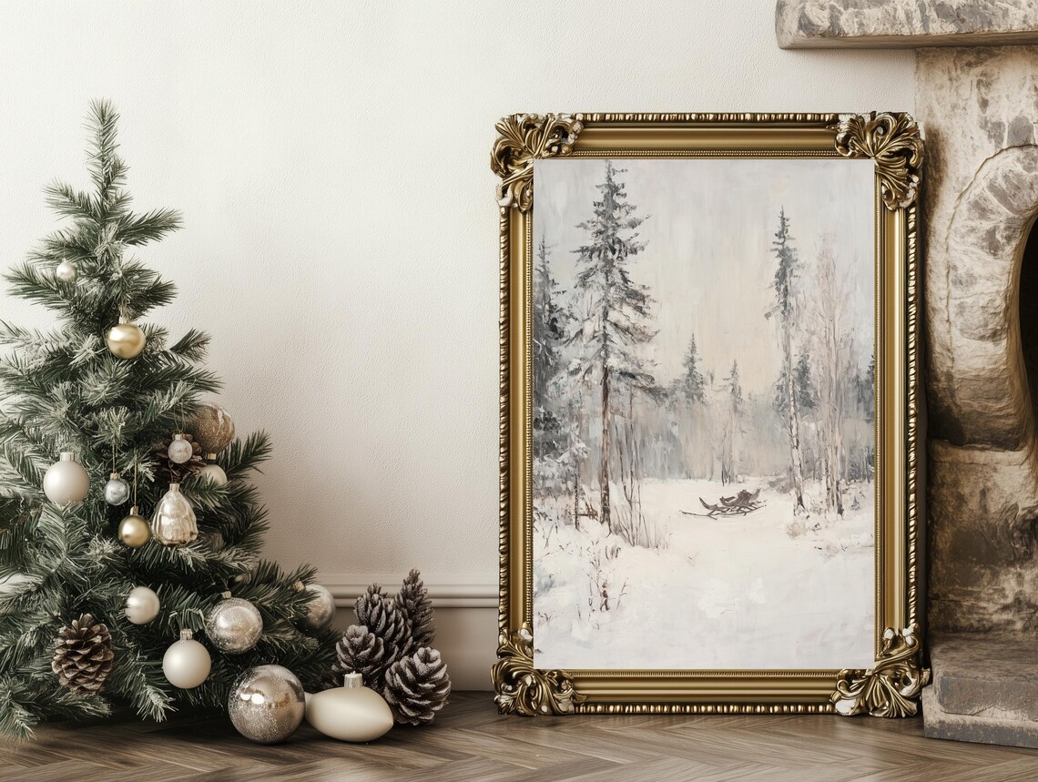 Snowy Pine Forest with a Resting Sled Vintage Winter Art Poster - Image 2