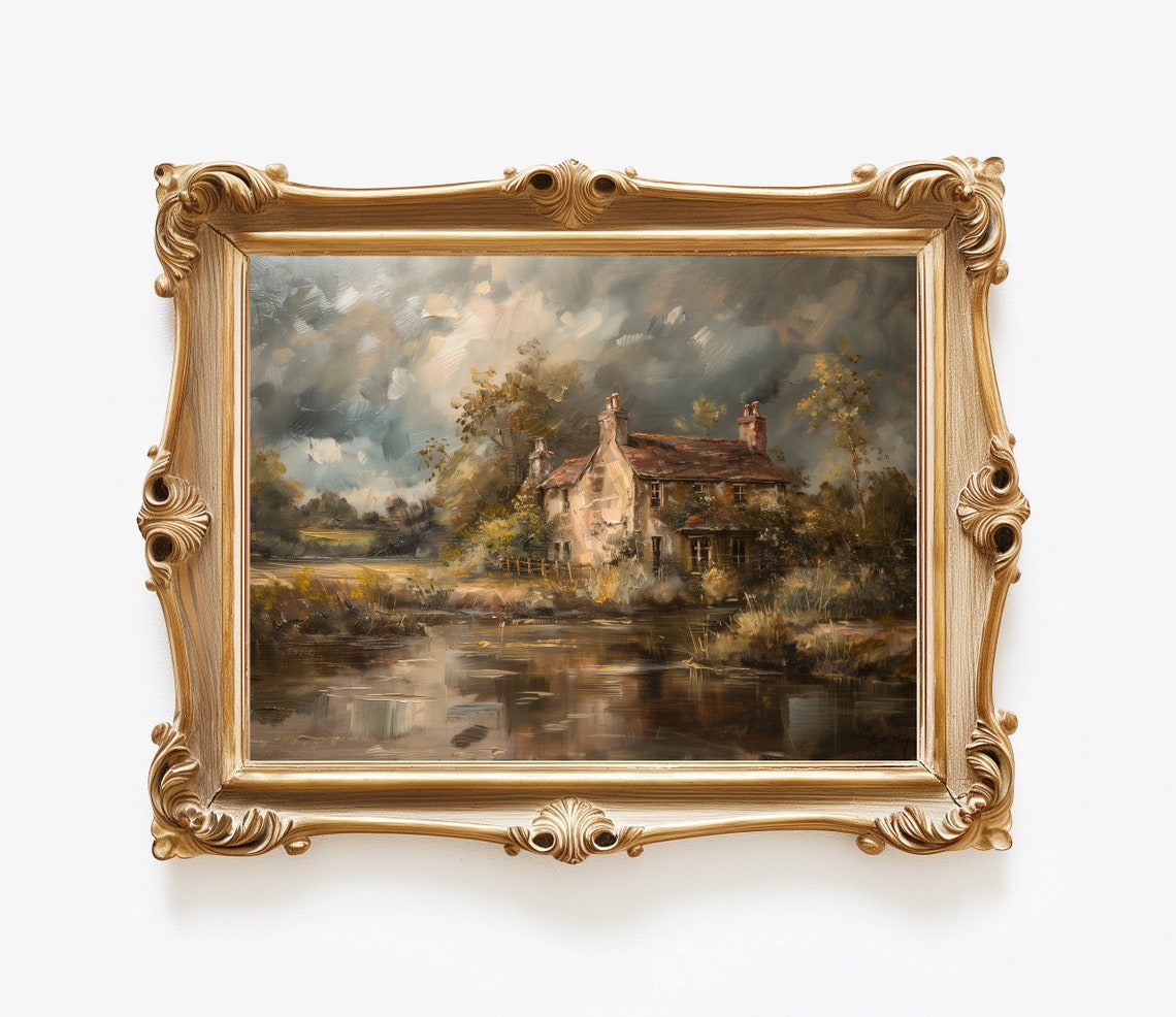 Antique Oil Painting Cottage by Lake Moody Sky Vintage Print - Image 4