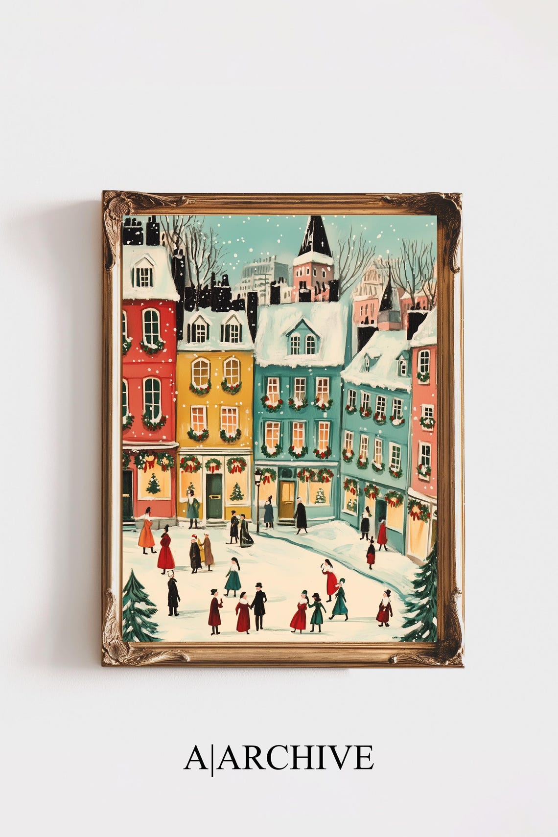 Colorful Christmas Town Square Wreaths Happy People Winter Poster