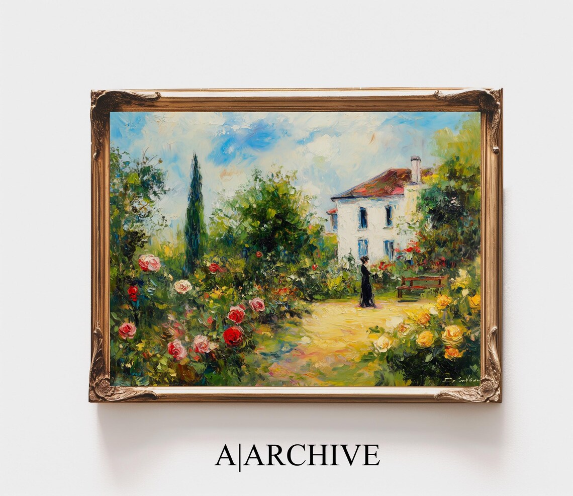 Rose Garden by White Cottage Vintage French Impressionist Oil Poster - Image 3