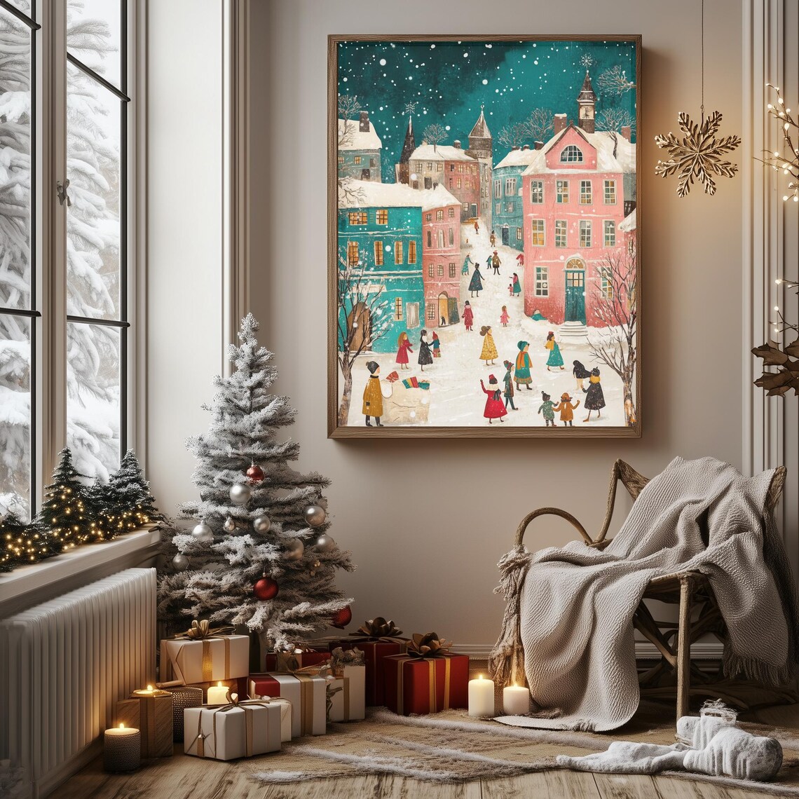 Colorful Winter Village Night Scene Retro Christmas Holiday Poster - Image 3