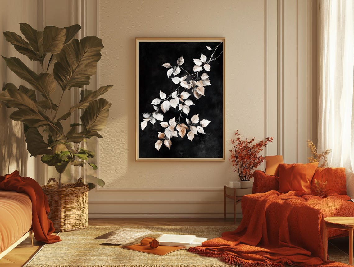 Silver Leaves Branch Black Background Delicate Botanical Art Poster - Image 2
