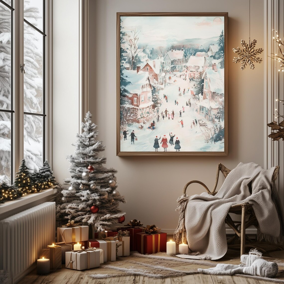 Winter Village Street Scene Watercolor Snowy Christmas Holiday Poster - Image 3