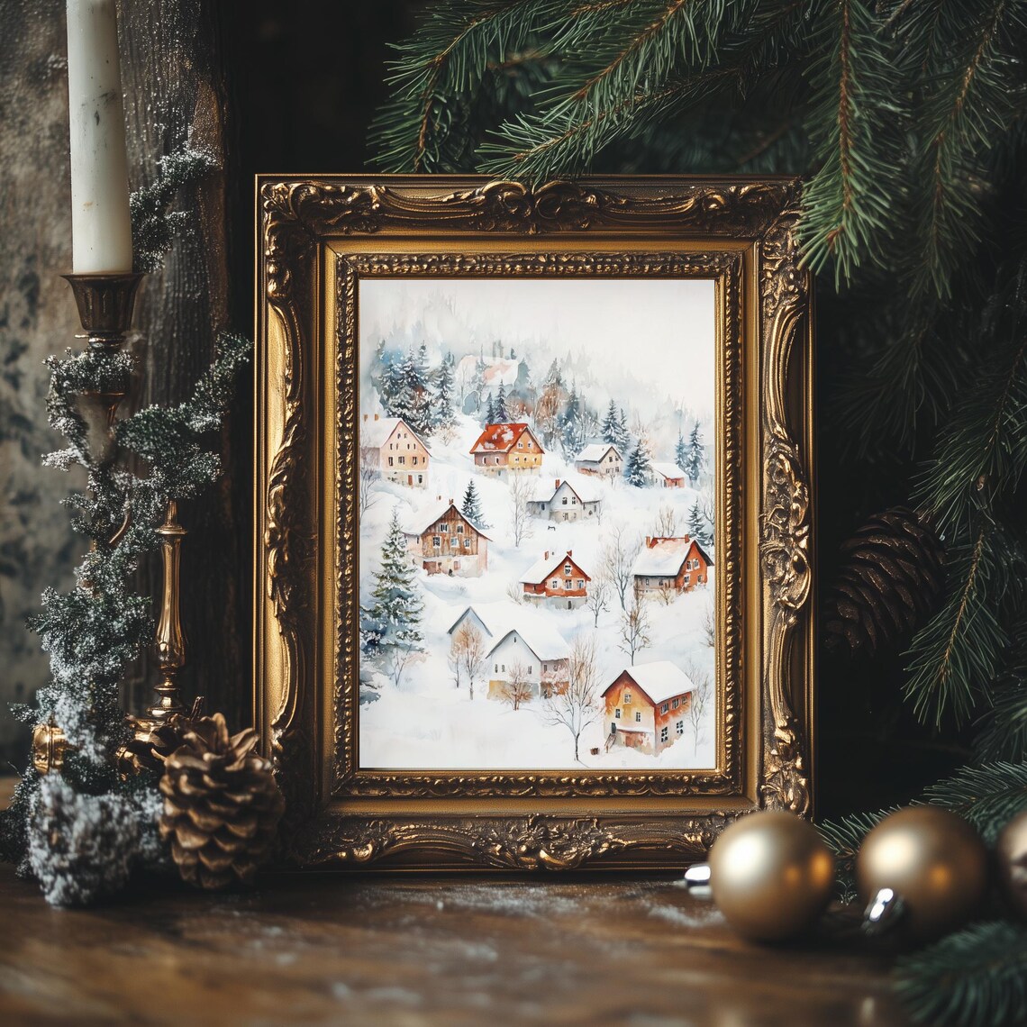Snowy Evergreen Village Winter Scene Watercolor Christmas Poster - Image 2