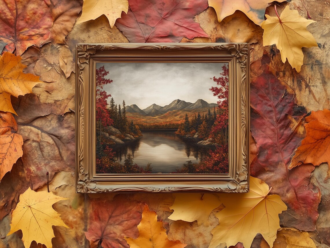 Autumn Mountain Lake Evergreen Vintage Countryside Painting Poster - Image 2