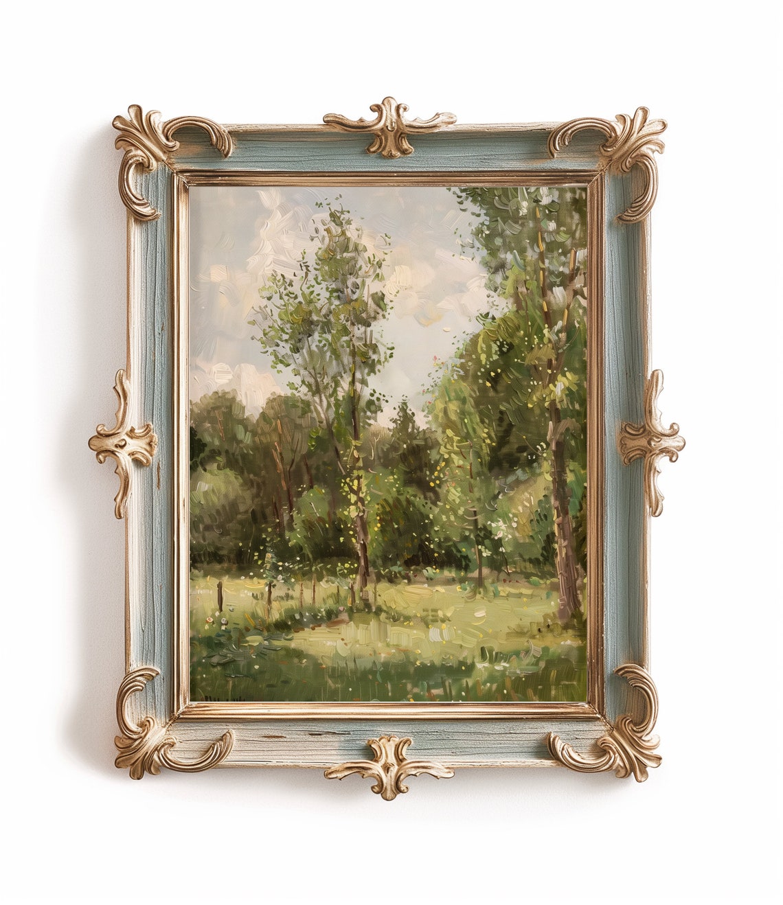 Impressionist Forest Clearing Painting Sunlit Trees Vintage Print