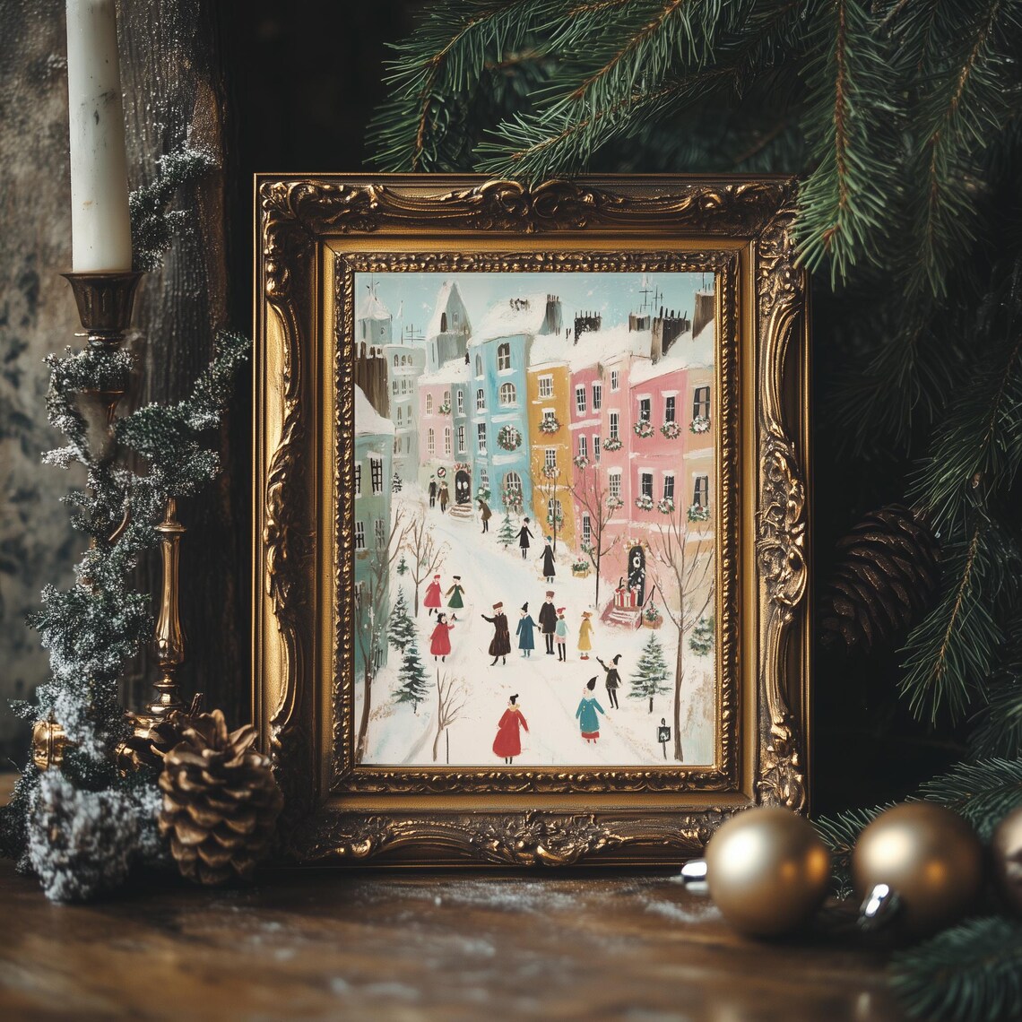Colorful Pastel Christmas Street Carolers Wreaths Winter Town Poster - Image 4