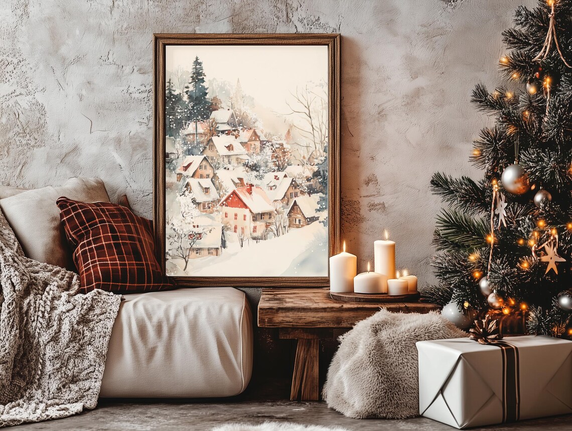 Snowy Christmas Village Watercolor Red Houses Winter Holiday Poster - Image 3