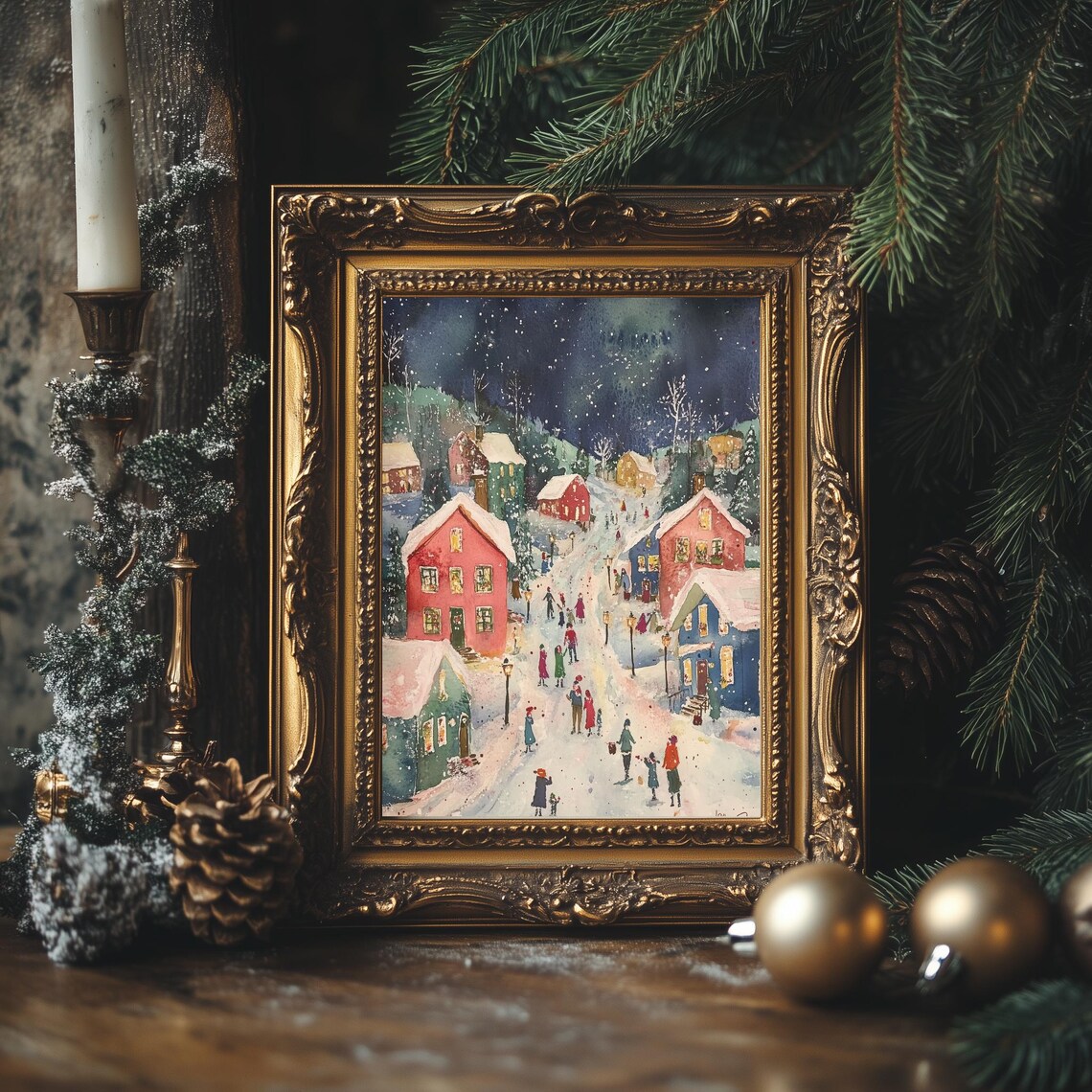 Christmas Village Street Night Scene Watercolor Winter Holiday Poster - Image 4