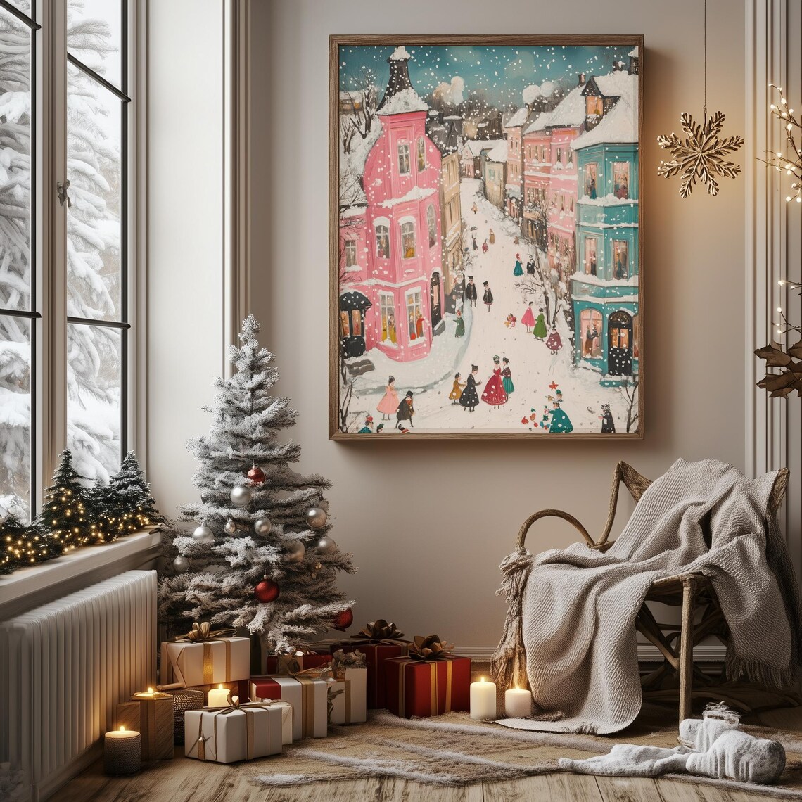 Naive Style Snowy European Old Town Street Colorful Winter Poster - Image 3