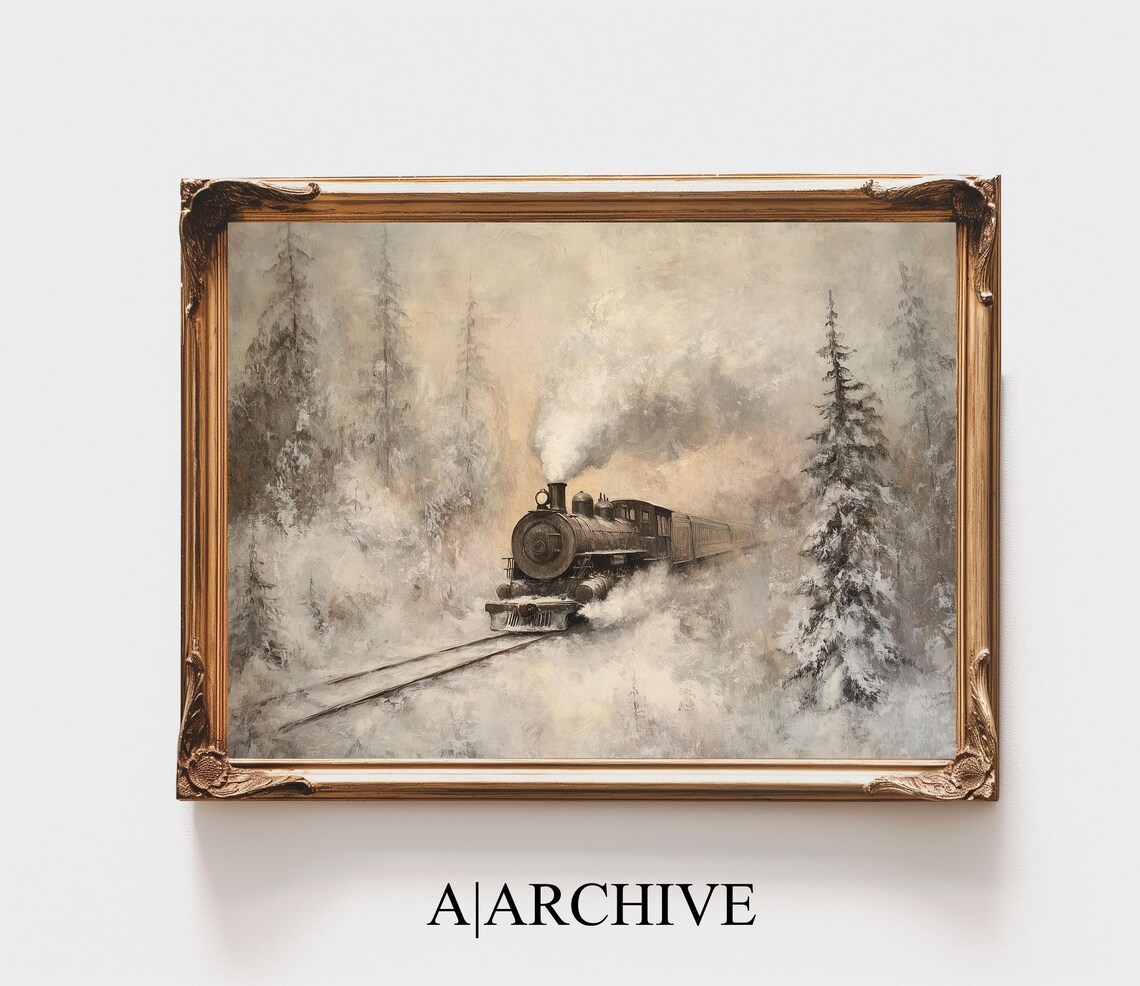Vintage Steam Train Winter Forest Scene Snowy Christmas Poster