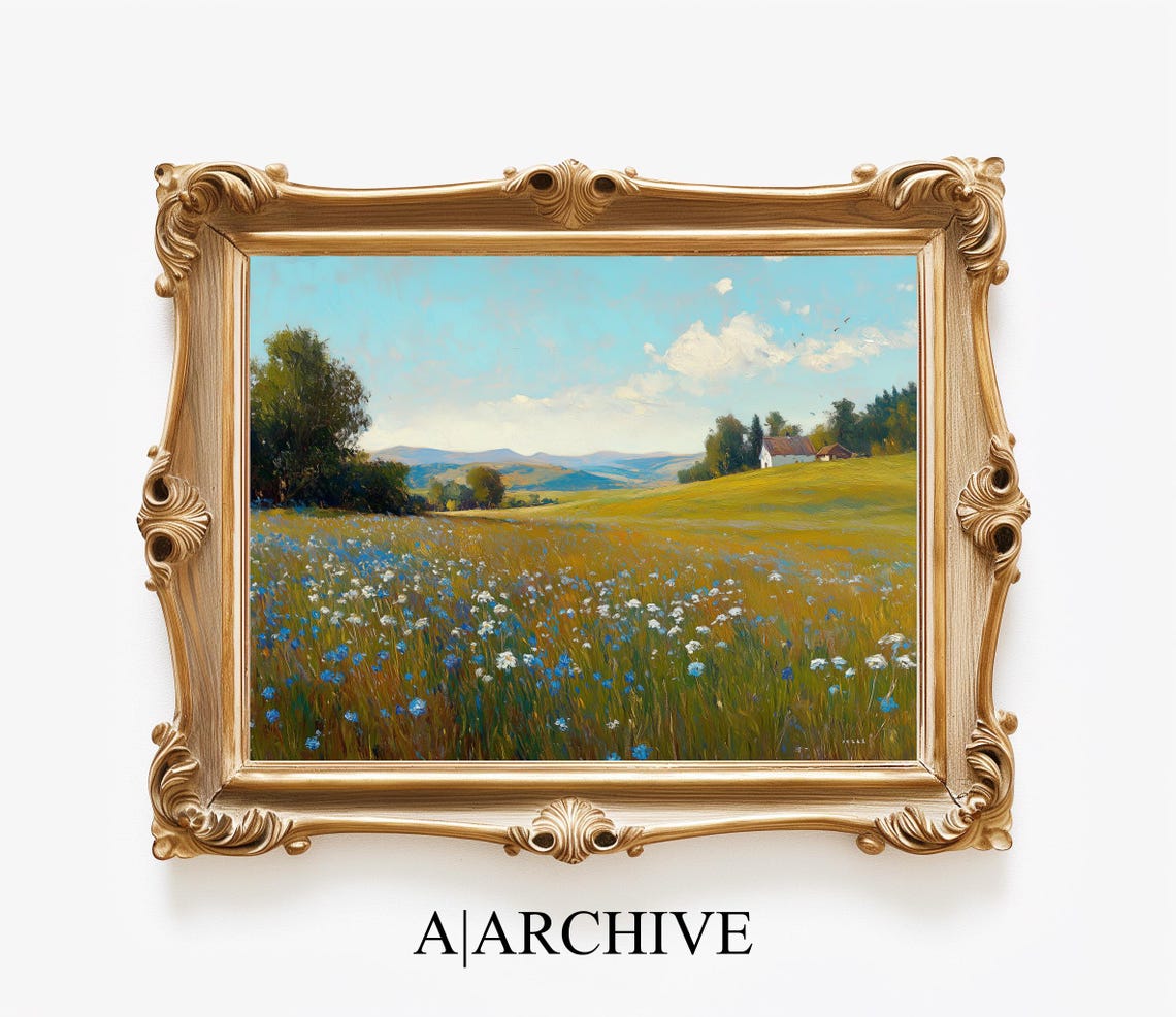 Blue White Flower Field Farmhouse Hillside Summer Scene Poster - Image 4