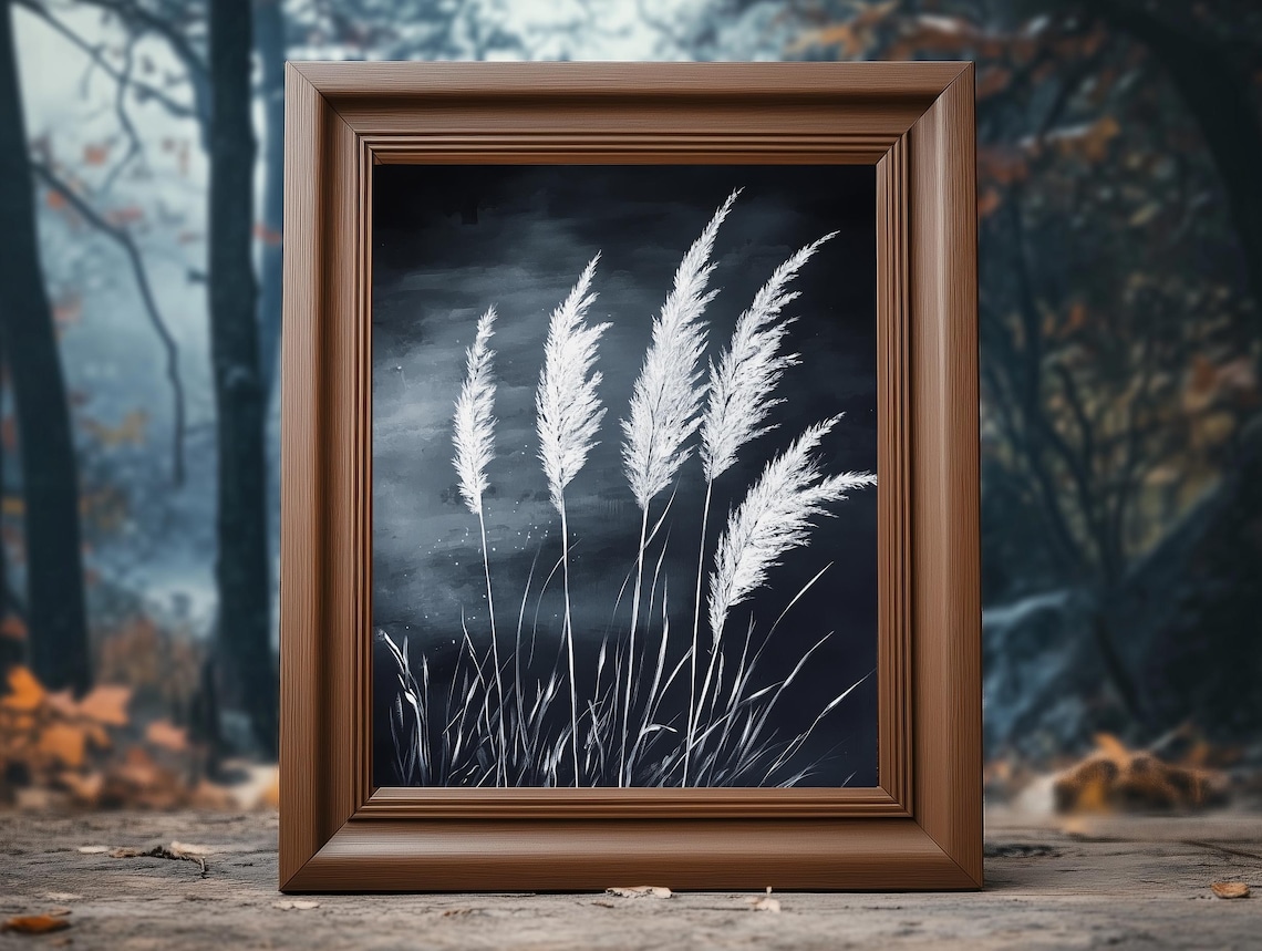 White Pampas Grass Plumes Dark Blue Night Modern Botanical Poster - Image 4