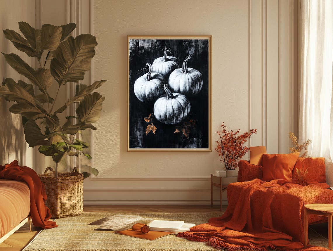 White Pumpkins Black Gothic Charcoal Fall Botanical Art Poster - Image 2