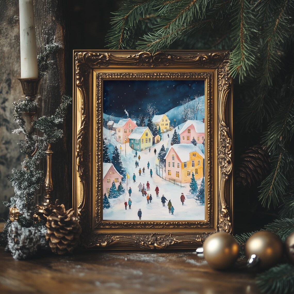 Pink Winter Village Night Scene Watercolor Christmas Holiday Poster - Image 4