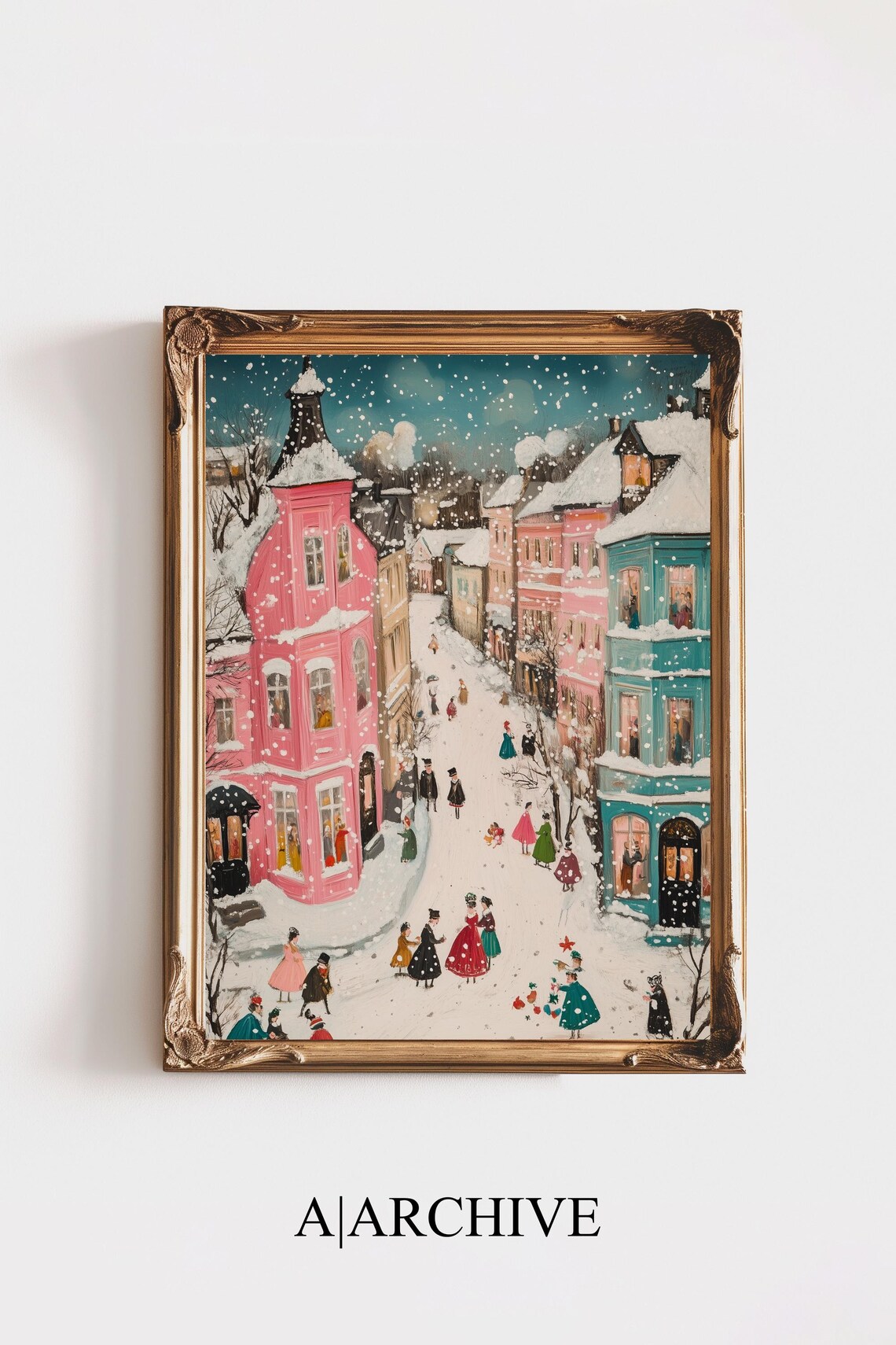 Naive Style Snowy European Old Town Street Colorful Winter Poster