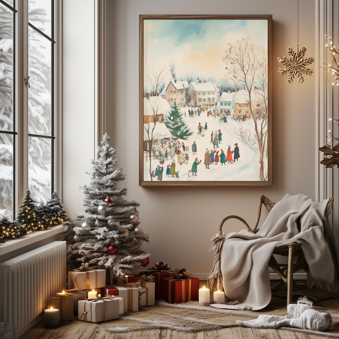Christmas Village Square Winter Scene Watercolor Holiday Poster - Image 3