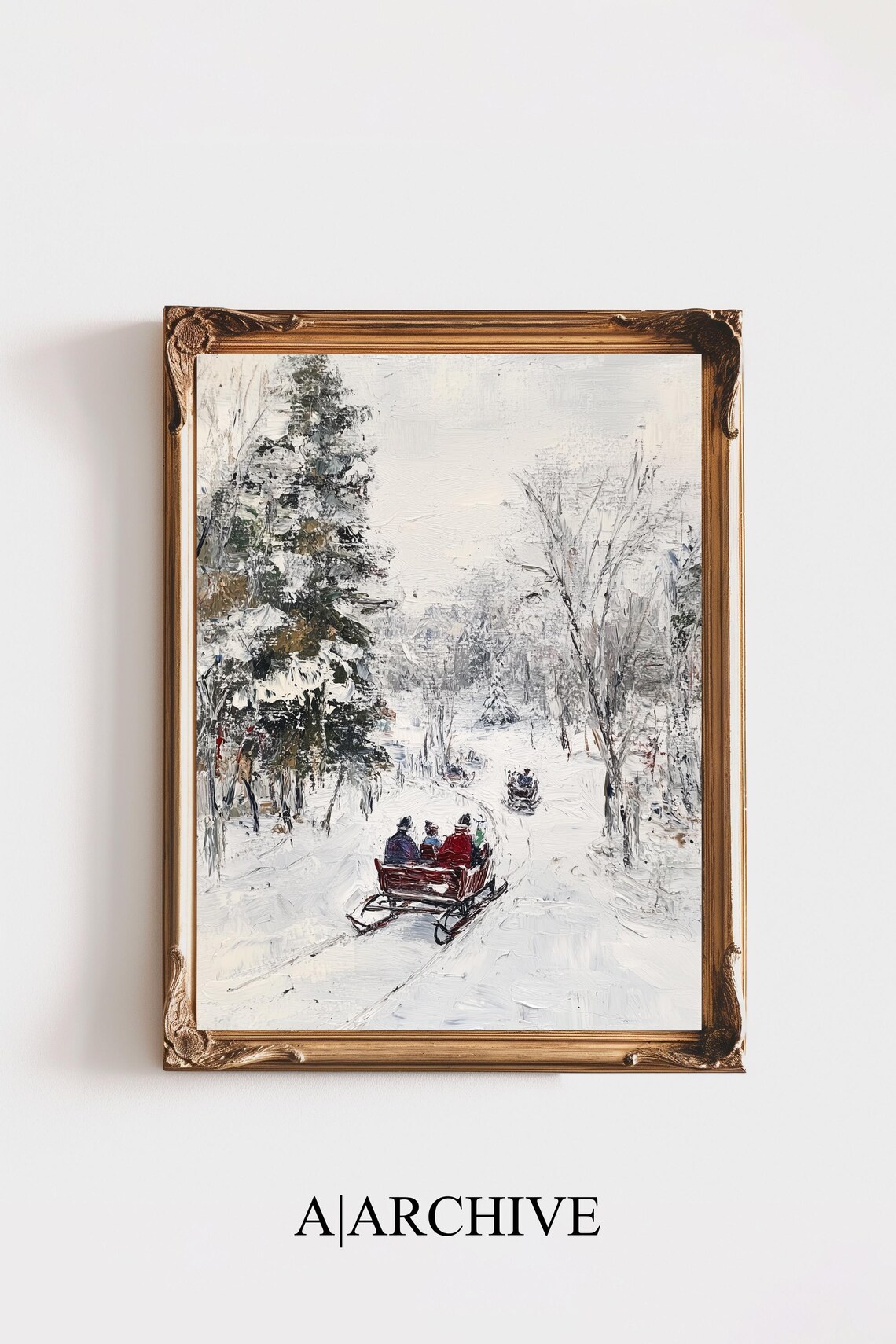 Sleigh Ride in a Snowy Winter Forest Vintage Oil Painting Poster