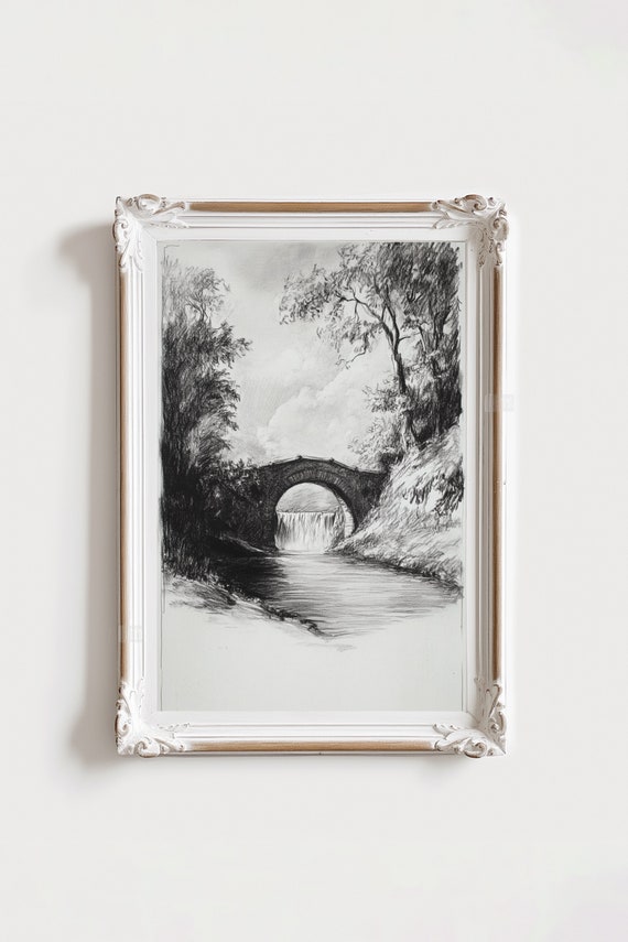 Vintage Etching Landscape Sketch, Bridge And Trees