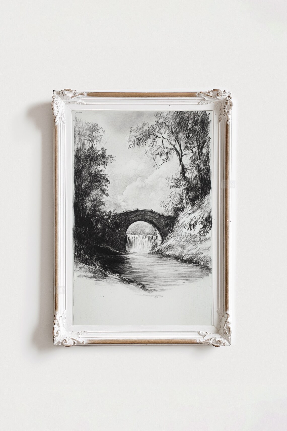 Vintage Etching Landscape Sketch, Bridge And Trees