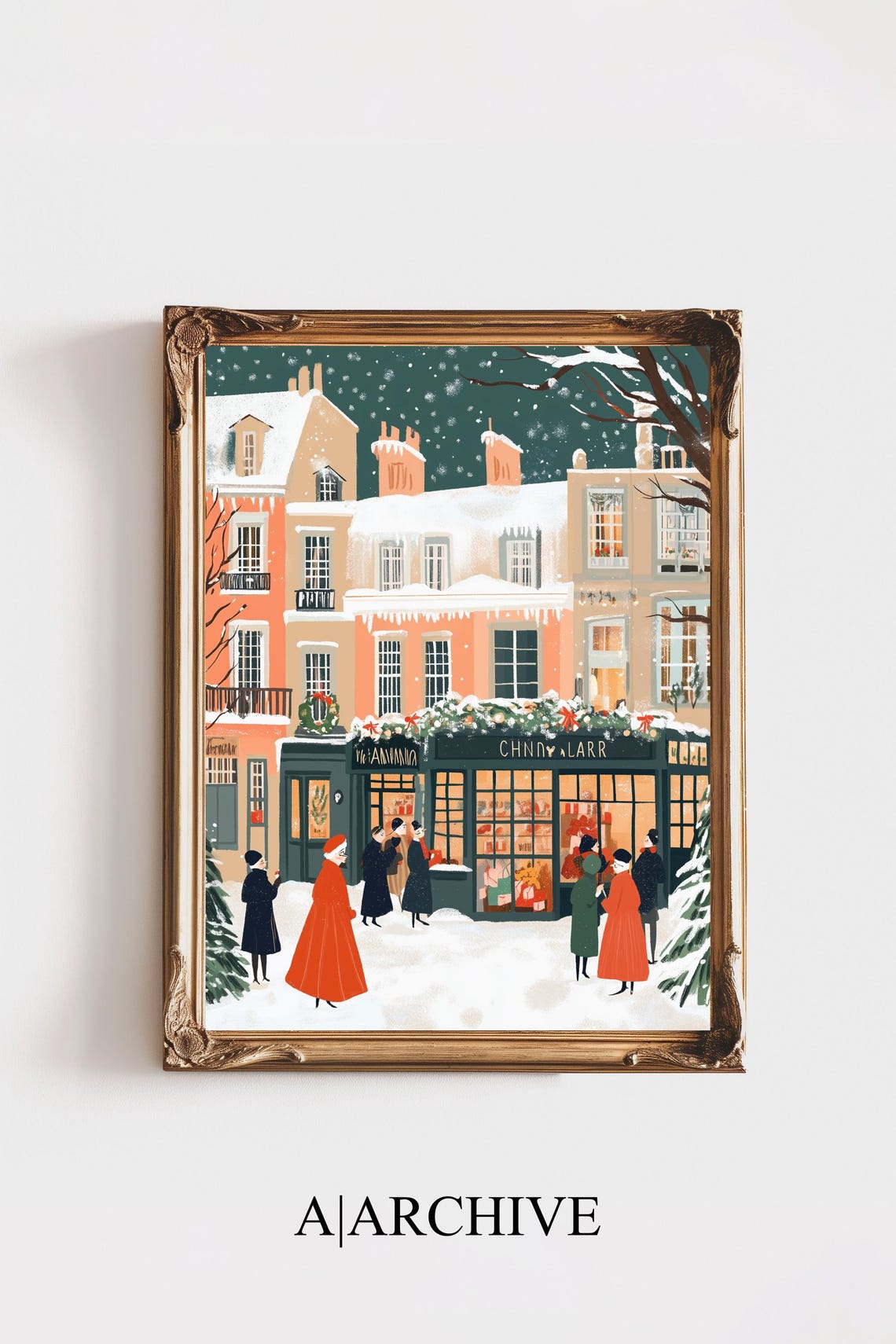 Festive Christmas Storefront Night Shoppers Teal Snow Holiday Poster