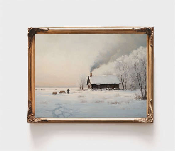 Christmas Wall Art Cute Antique Cottage Print Rustic Winter Oil Painting Art Vintage Wall Decor Gift