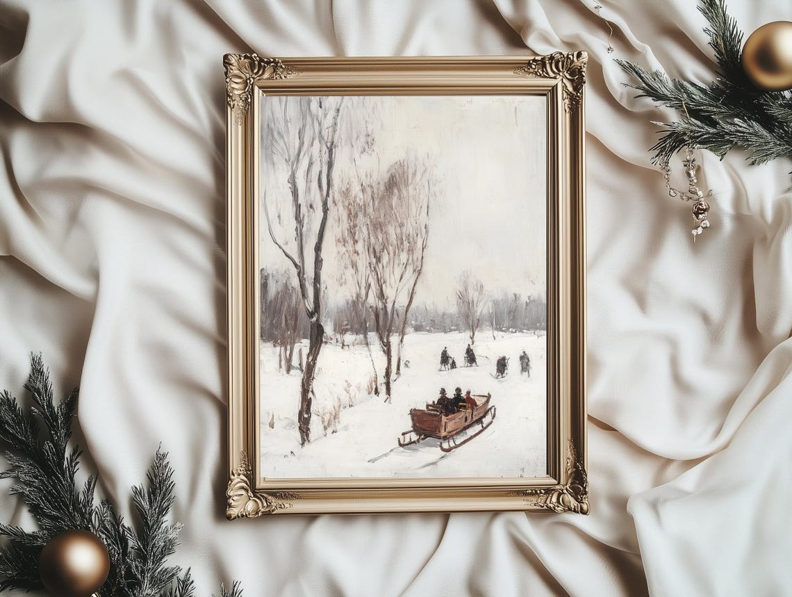 Vintage Horse Sleighs Snowy Field Birch Trees Winter Landscape Poster - Image 4