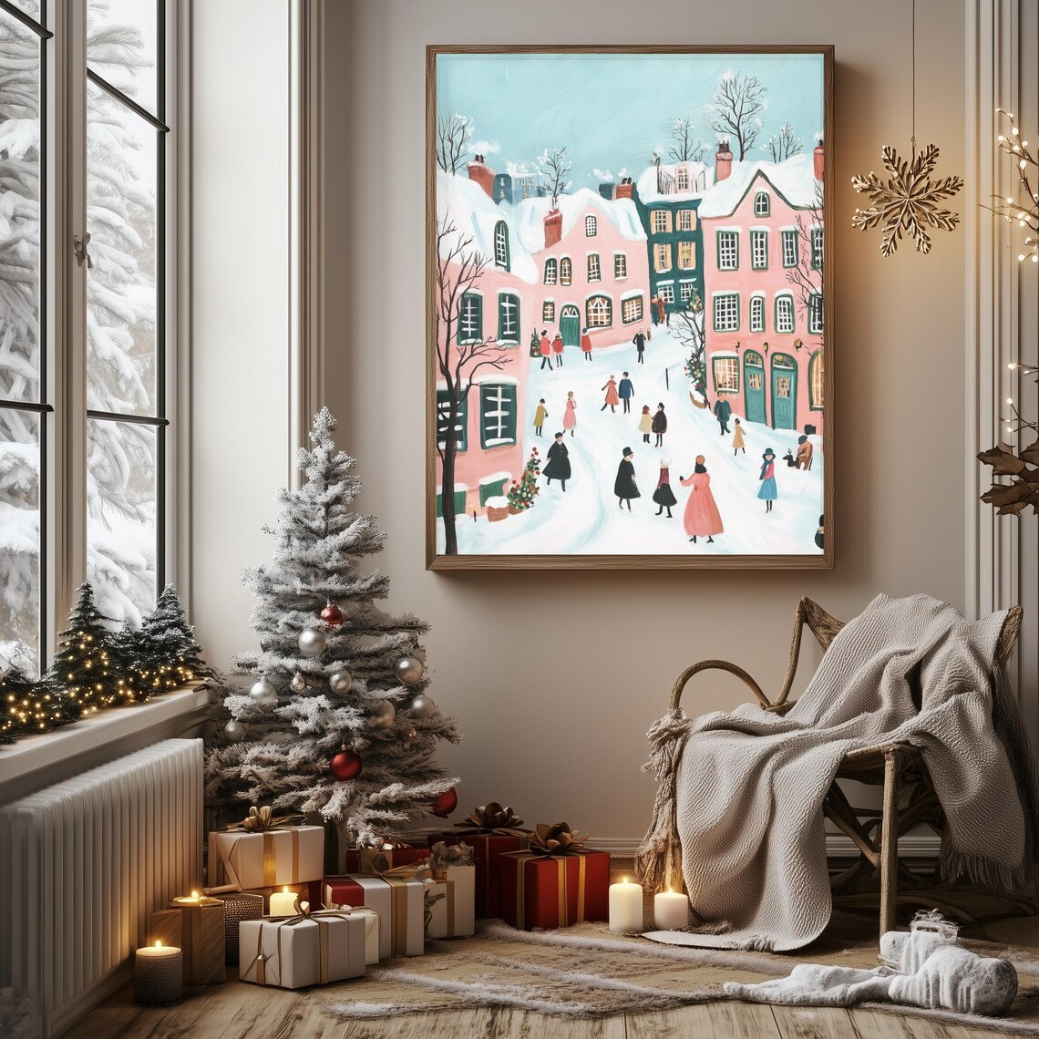 Snowy Winter Village Street Colorful Retro Farmhouse Holiday Poster - Image 3