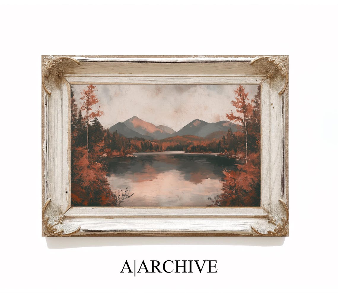 Hazy Autumn Mountain Lake Vintage Muted Landscape Art Poster