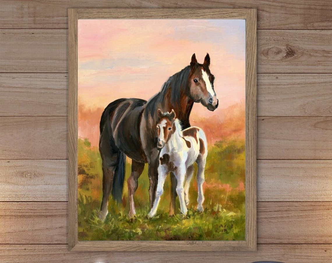 Equestrian Art Print Mare And Foal Oil Painting Warm Landscape Soft Sunset Tones Rural Farmhouse Life Horse Art Gift For Animal Lovers - Image 6