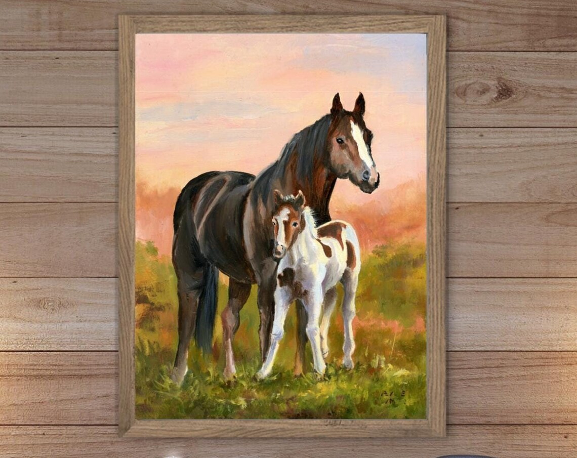 Mare and Foal Together at Sunset Oil Painting Equestrian Poster - Image 6