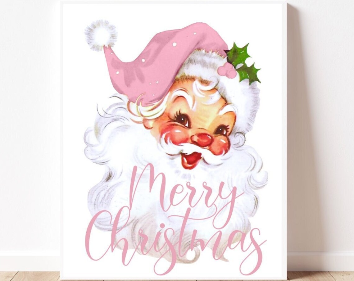 Vintage Santa Print, Pink Christmas Wall Art