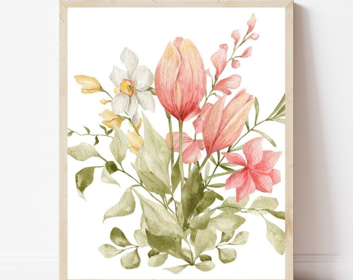 Watercolor Spring Flower Bouquet Tulips Daffodil Art Home Poster