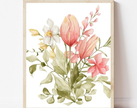 Watercolor Spring Flower Bouquet Tulips Daffodil Art Home Poster