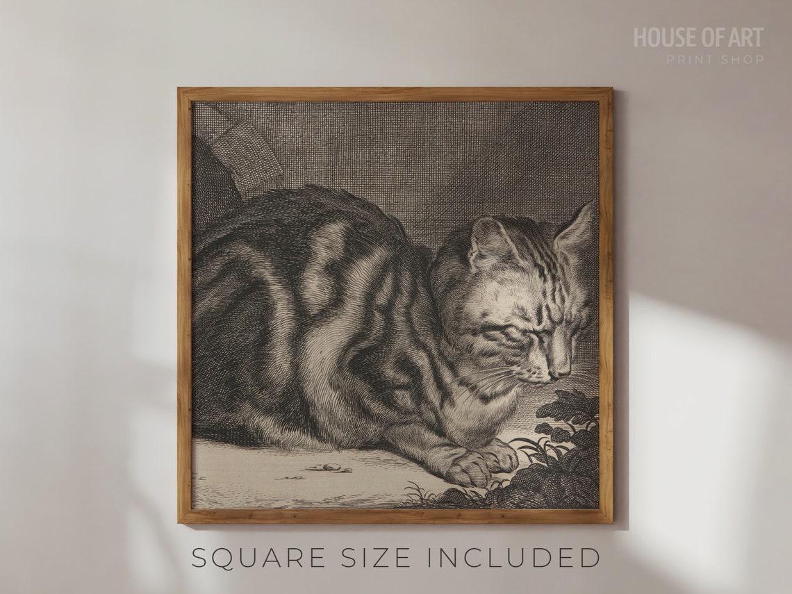 Sleeping Tabby Cat And Mouse Vintage Black White Etching Poster - Image 2