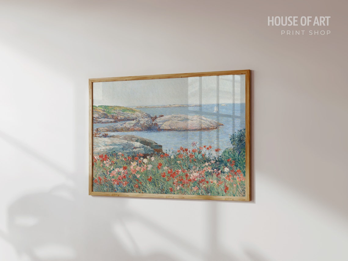 Poppies Vintage Coastal Landscape Isle Of Shoals Poppy Oil Painting Wildflower Field Print Coastal Wall Art Vintage Art - Image 3