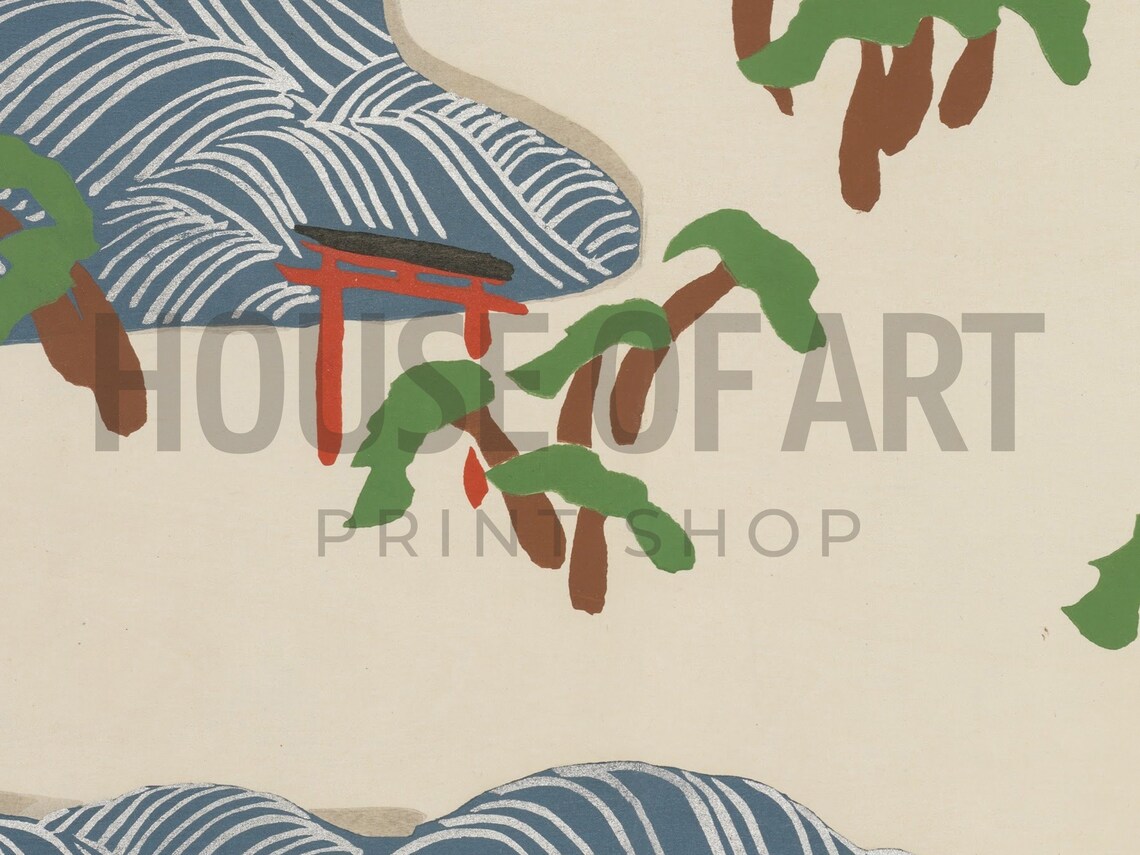 Japanese Coastline Woodcut Waves Pines Red Torii Vintage Seascape Poster - Image 2