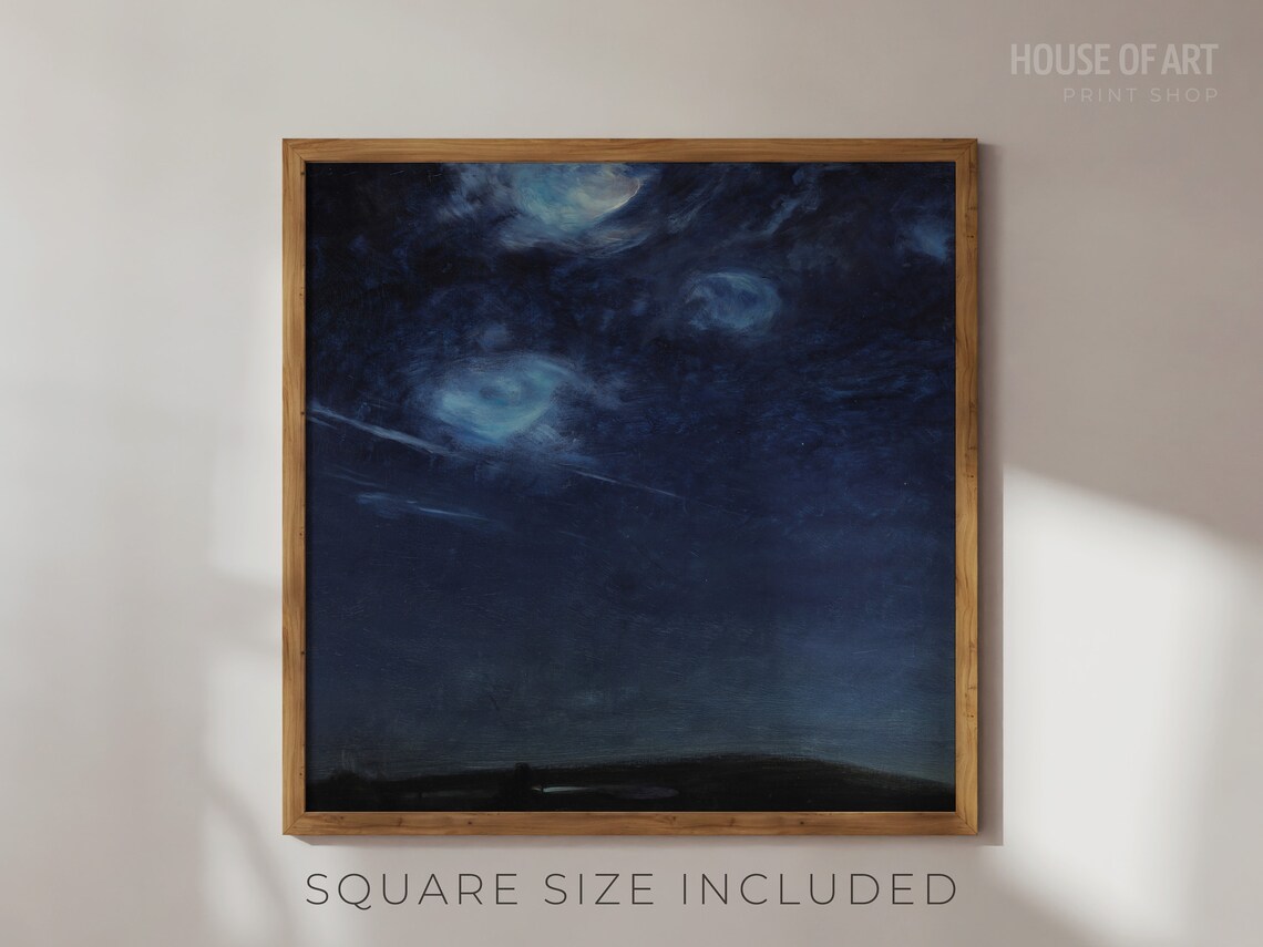 Dark Indigo Night Sky Oil Painting Moody Moonlit Cloud Wall Art Poster - Image 2