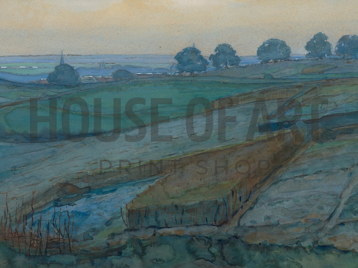 Dutch Landscape Artwork Rolling Fields Instant Print Tranquil Countryside Valley Panorama Watercolor Painting - Image 2