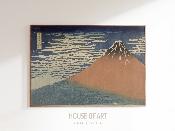 Japanese Mount Fuji Artwork Snow Mountain Instant Print Blue Sky White Clouds Volcano Landscape Color Woodcut