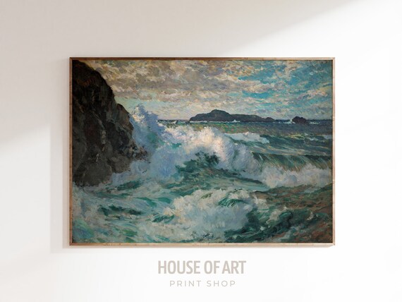 Waves Crashing Against Rocky Cliffs Seascape Oil Painting Ocean Wall Art Poster