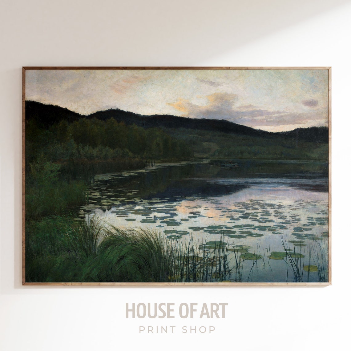 Twilight Lake Lily Pads Dusk Forest Hills Impressionist Poster