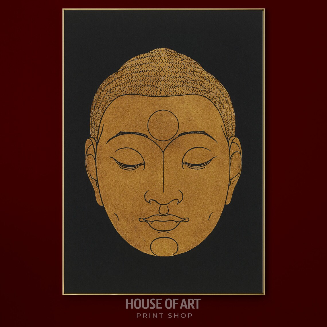 Golden Buddha Face Black Background Zen Woodcut Spiritual Wall Poster - Image 3
