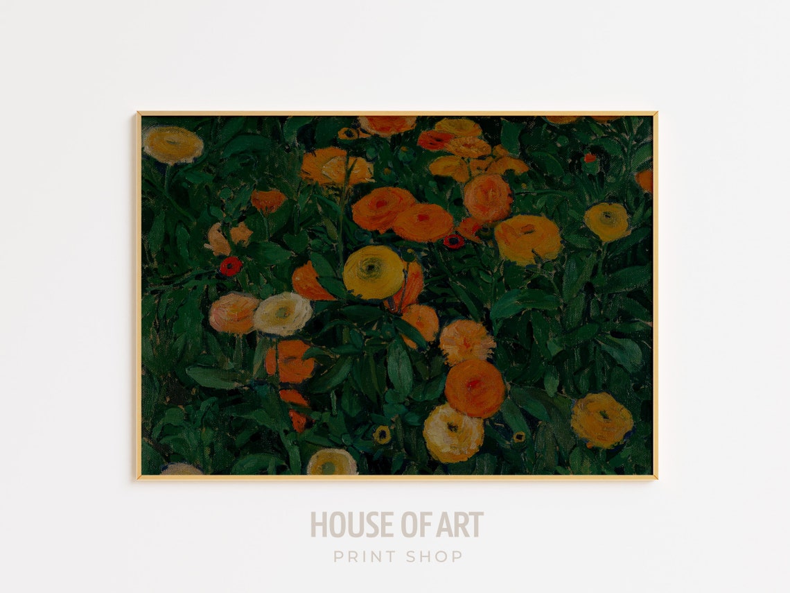 Orange Marigolds Blooming In Dark Garden Oil Painting Floral Wall Art