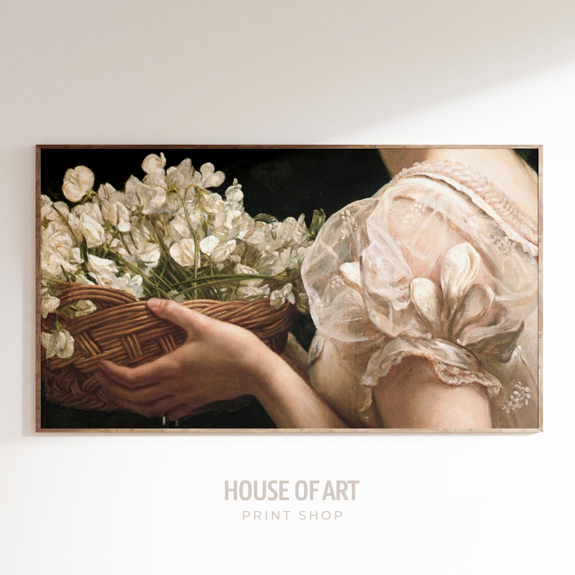 Woman Holding Basket Of White Flowers Vintage Floral Art Wall Print