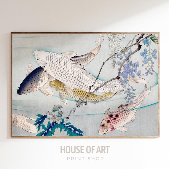 Fish Painting Japanese Wall Art Carp Print Vintage Asian Animal Print Eclectic Home Decor Wall Art