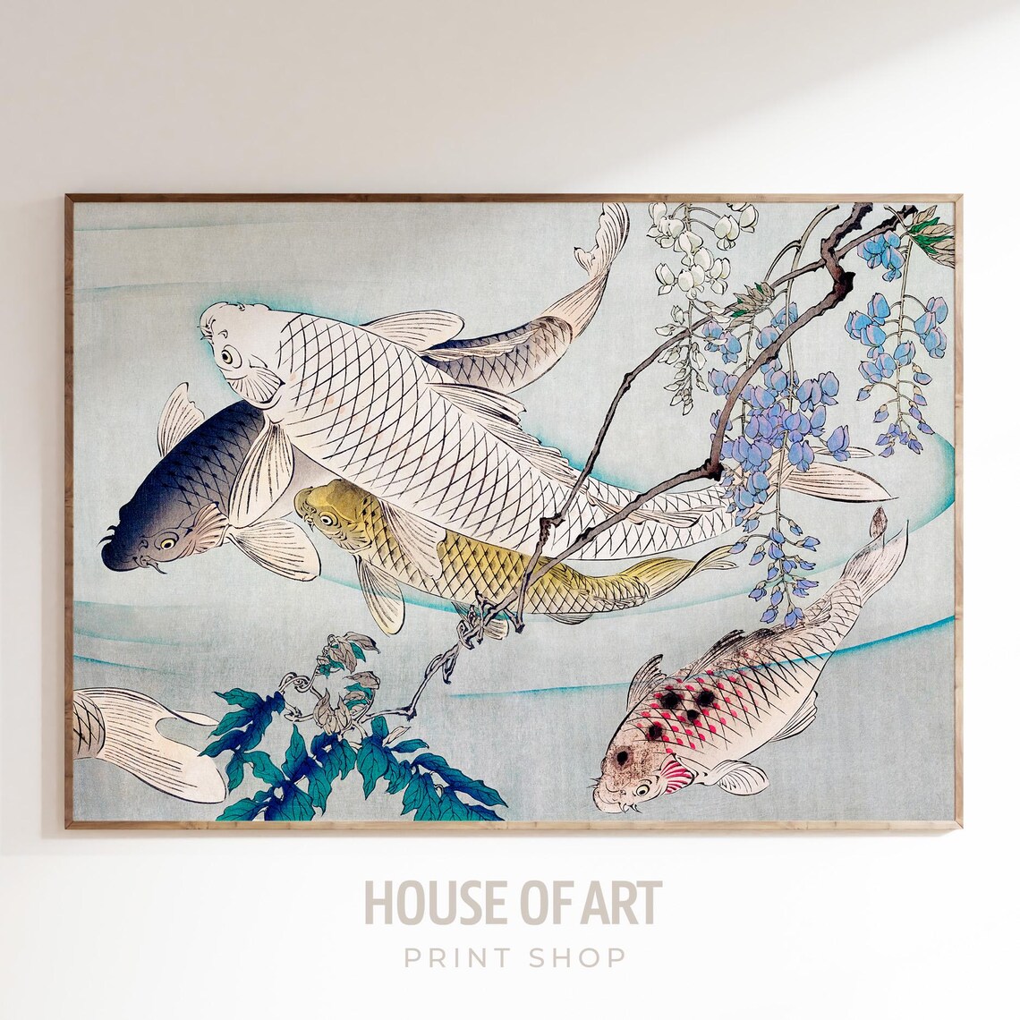 Japanese Koi Fish And Wisteria Vintage Woodblock Art Style Wall Print