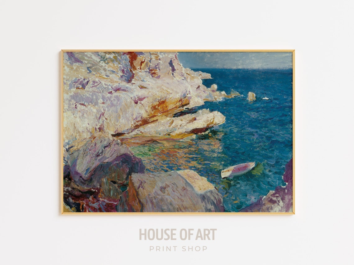 Mediterranean Rocky Coast White Boat Impressionist Oil Painting Print - Image 3