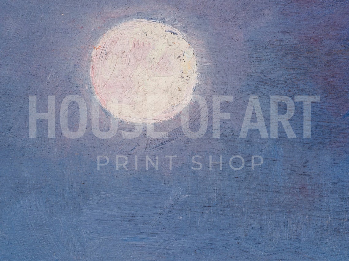 Glowing Full Moon Blue Night Sky Celestial Oil Painting Print - Image 2