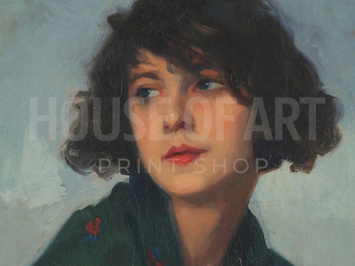Moody Vintage Young Woman Oil Portrait Classical Beauty Art Print - Image 2